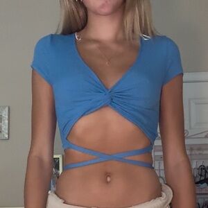 Princess Polly Blue Cap Sleeve Tie Front Crop Top